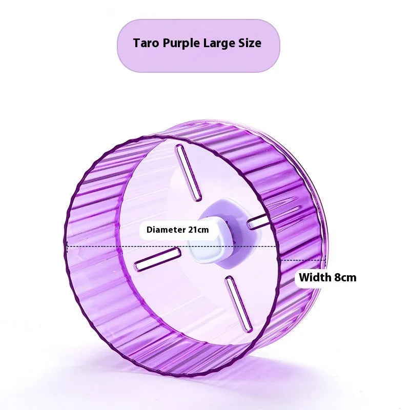 A transparent plastic parrot exercise running wheel toy for a bird cage.