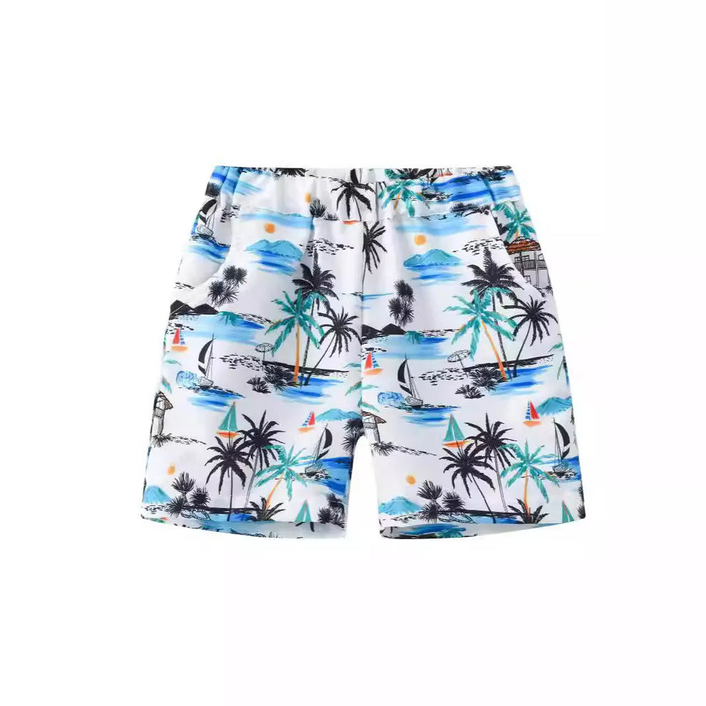 Printed beach shorts with hairband belt waist in chemical fibre blend fabric showing tropical print designs