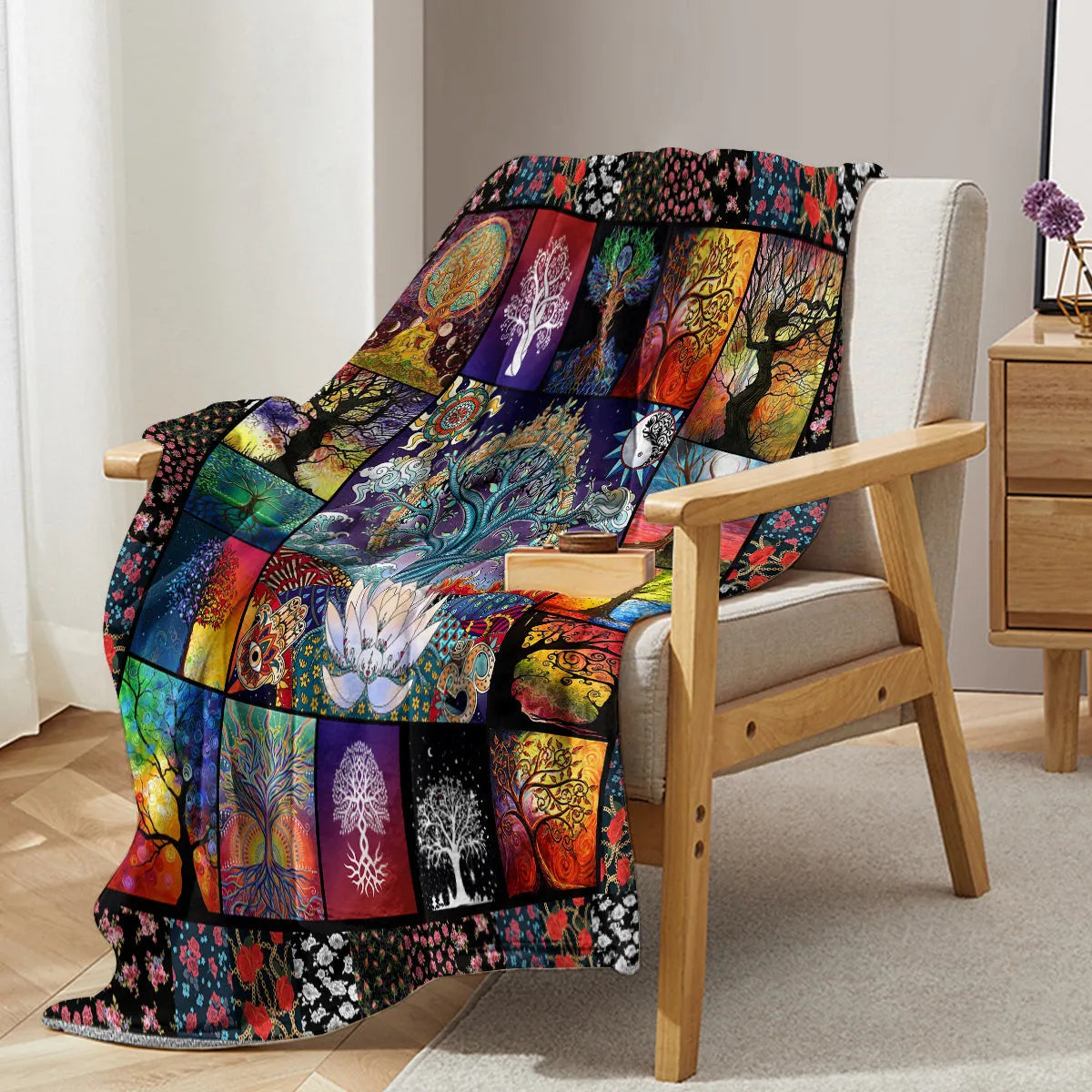 Multicolored flannel blanket with lotus tree print, soft velvet fabric, hemmed edges, available in 75x100cm 130x150cm 150x200cm