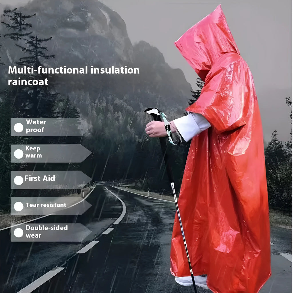 Marathon one-person raincoat in orange or army green, laid flat showing 100x130cm dimensions.