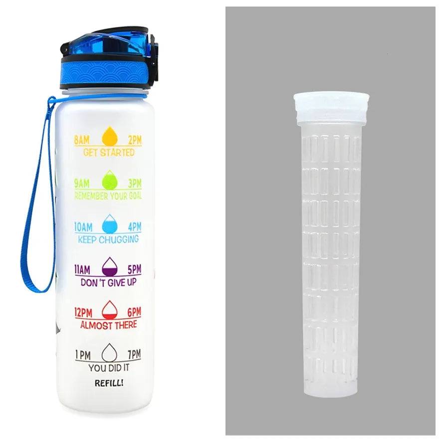 Blue and red gradient 1 litre Tritan sports water bottle with time markers and flip-top lid