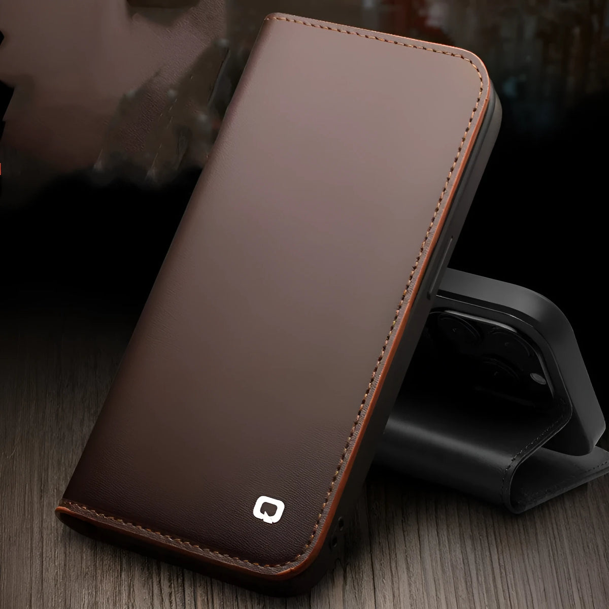 Genuine leather flip cover anti-drop phone case for iPhone 14 in brown and black