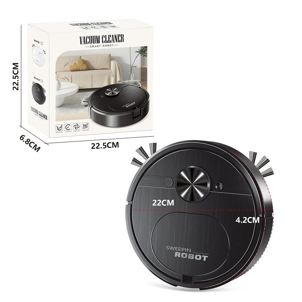 Black and white three-in-one USB charging automatic robot vacuum cleaner with mop and brushes.