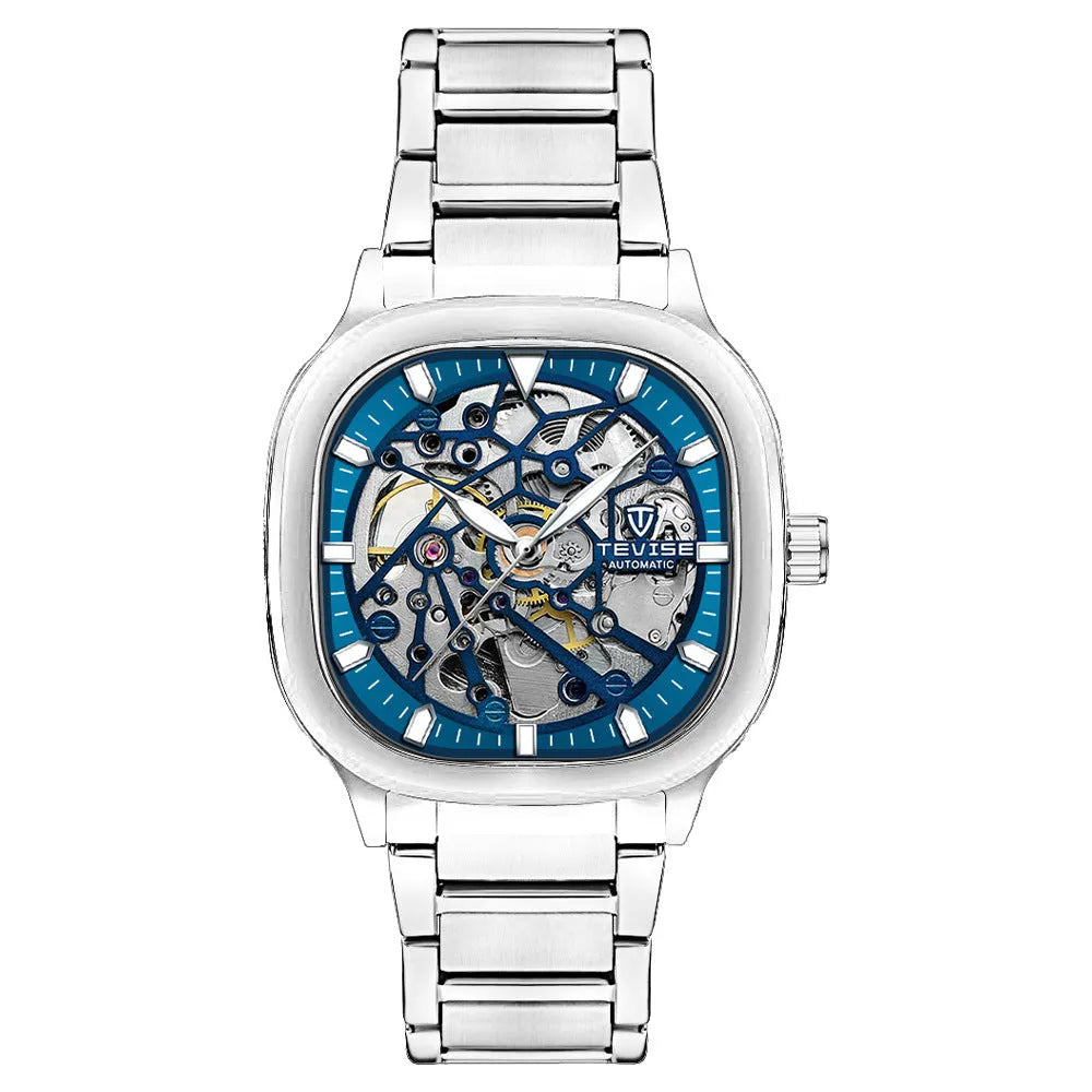 Automatic men's wristwatch with stainless steel strap and metal case on a wrist, showing blue dial variant.