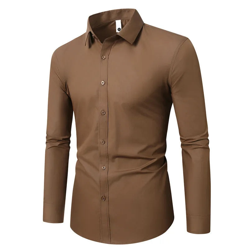 Men's loose fit long-sleeve linen shirt on a hanger, shown in a light colour.