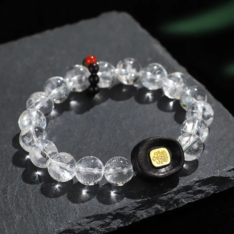 Handcrafted white crystal ebony five warp bracelet with ethnic design on blackwood