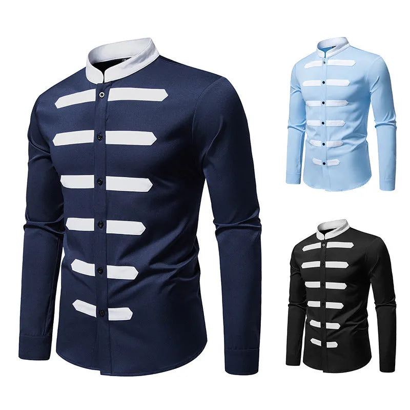 Men's black casual long sleeve shirt with black and white stitching on a slim-fit polyester cardigan