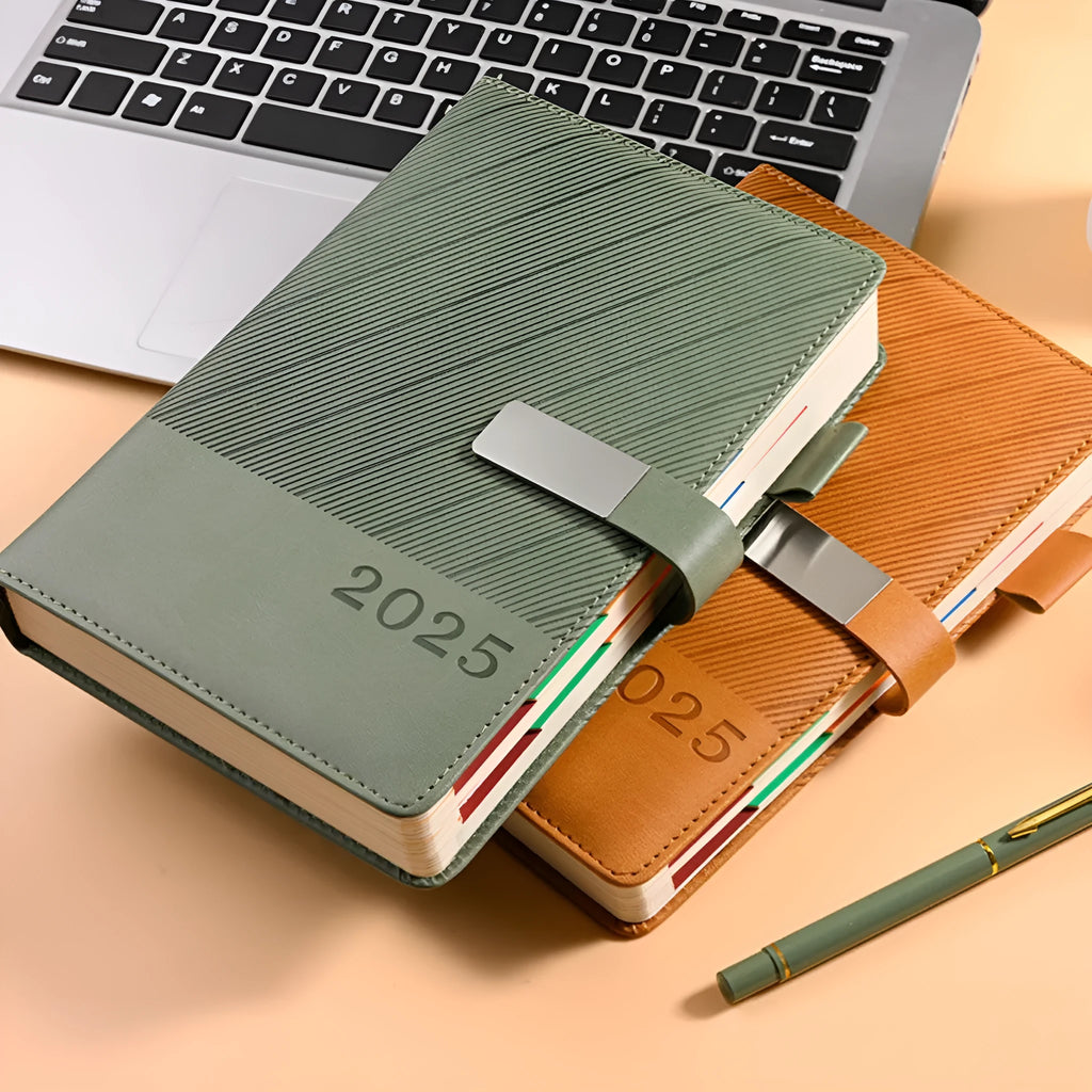 Office notepad with striped PU leather cover, open to show 80g paper with 204 sheet capacity
