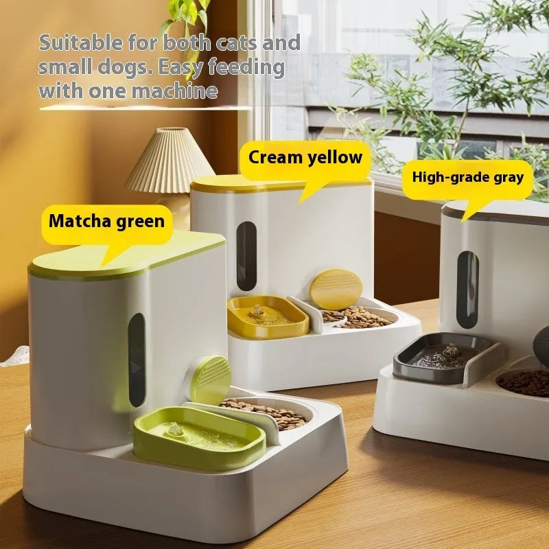 Automatic cat feeder with integrated water dispenser and double bowl system in grey colour