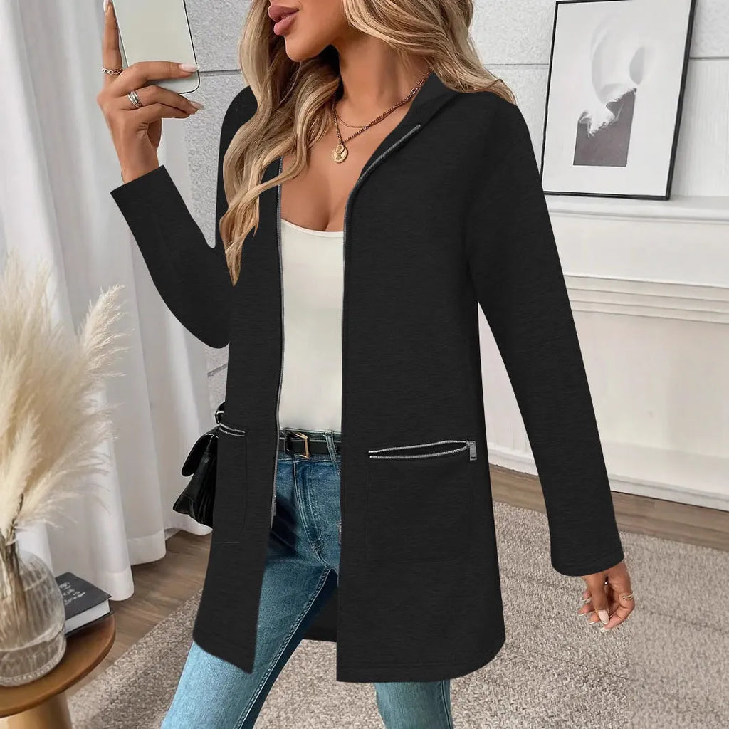 Loose grey mid-length cardigan coat for women with pockets, shown on a hanger.