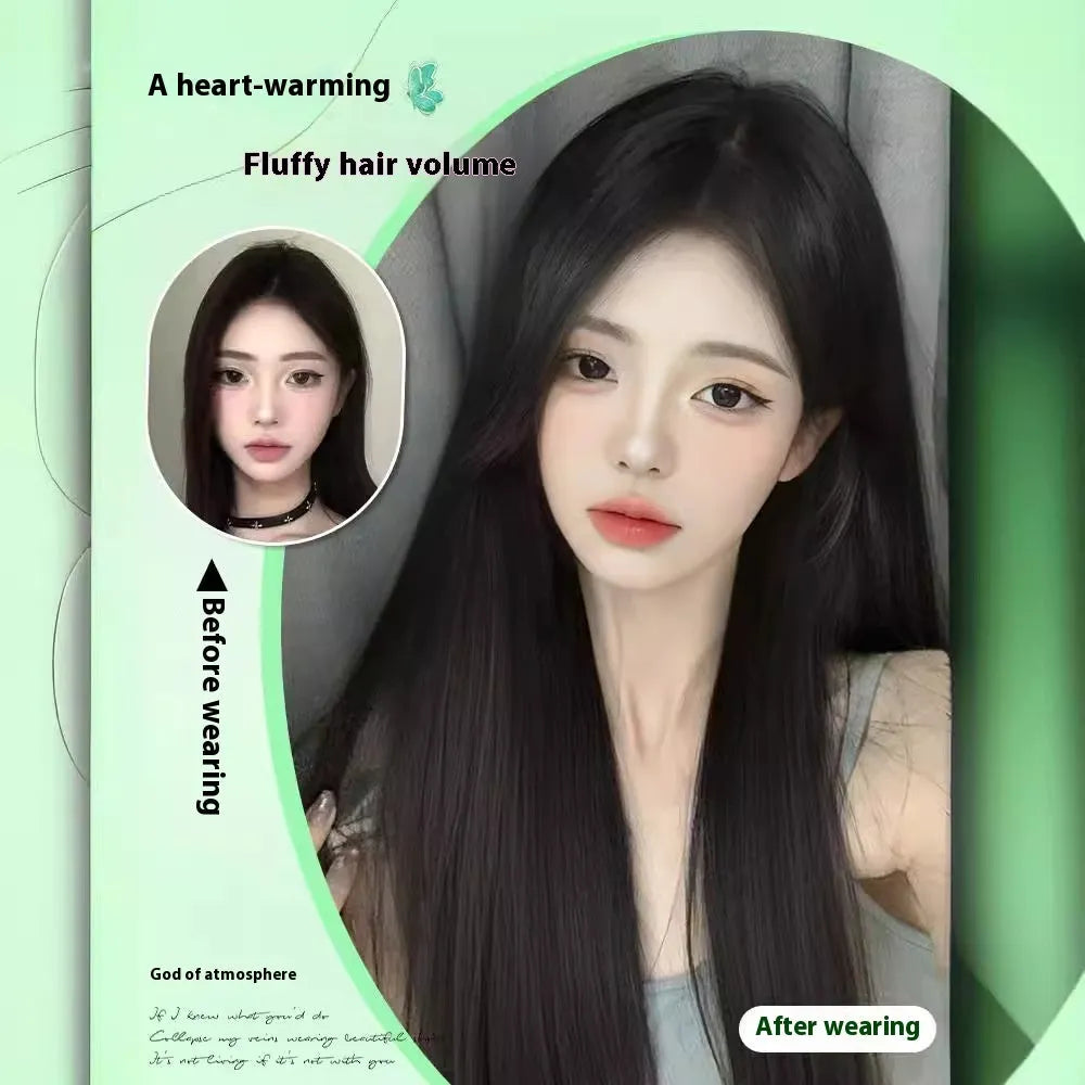 Female full-head wig with seamless forehead lace and fluffy high-temperature fibre hair in brown black colour