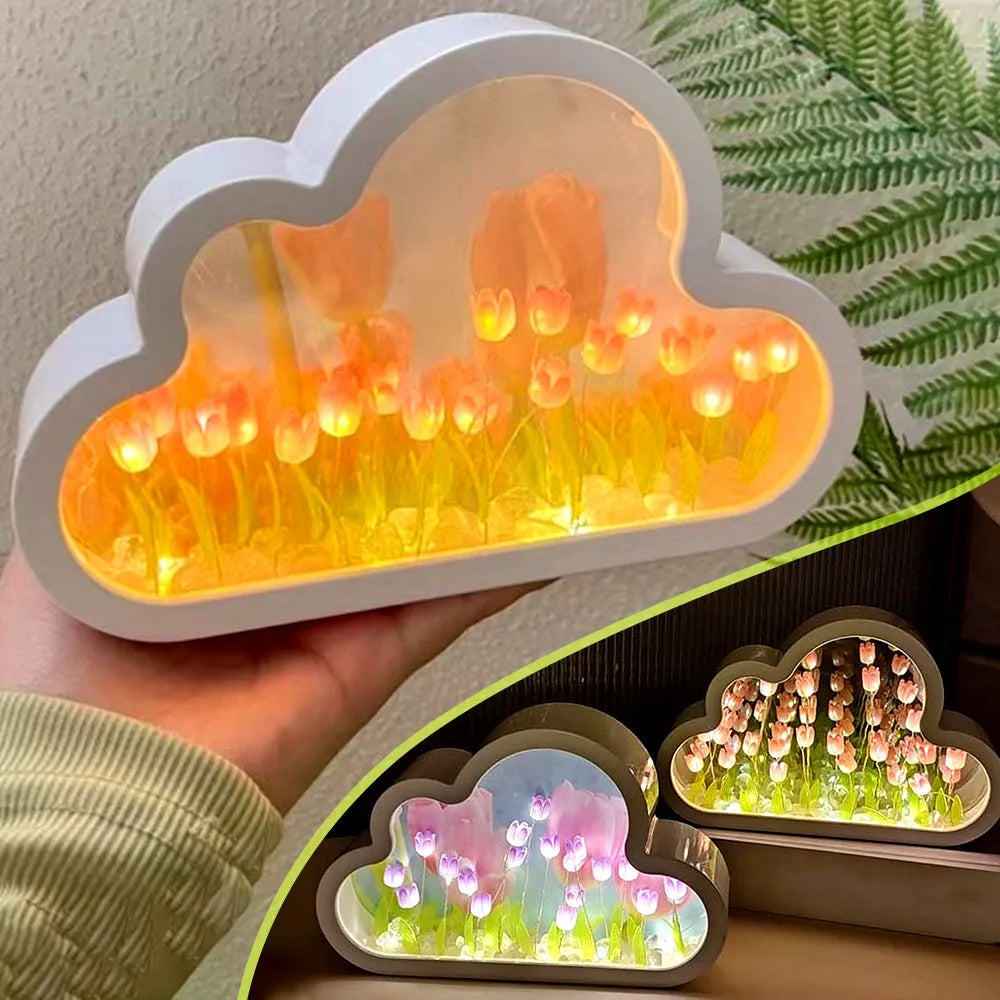 DIY tulip night lamp with decorative mirror and LED lighting in multiple colour options