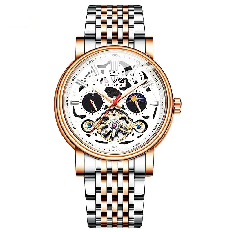 Men's tourbillon mechanical watch with luminous hands on a wrist, showing T867 Black colour option.