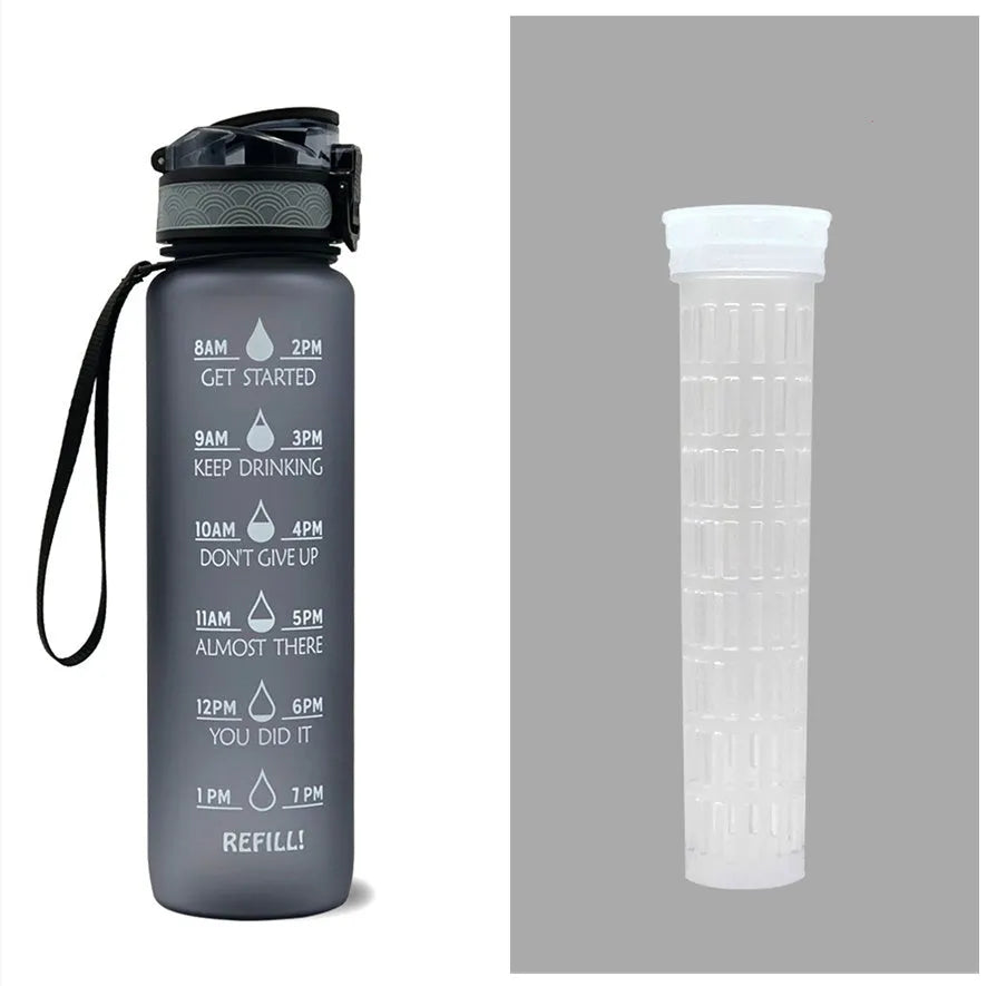 Blue and red gradient 1 litre Tritan sports water bottle with time markers and flip-top lid