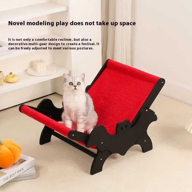 MW-054 wooden cat recliner bed with black and red bat Halloween design.