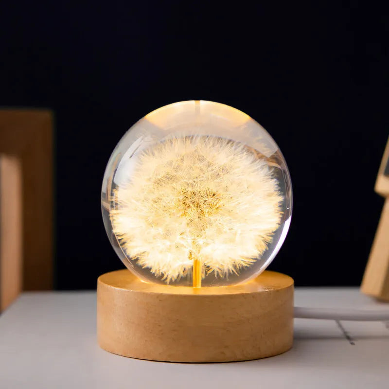 3D preserved dandelion inside clear resin ball LED lamp on beech wood desktop stand.