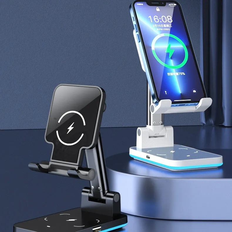 Cool black desktop wireless charging stand holding a mobile phone at an angle for viewing.
