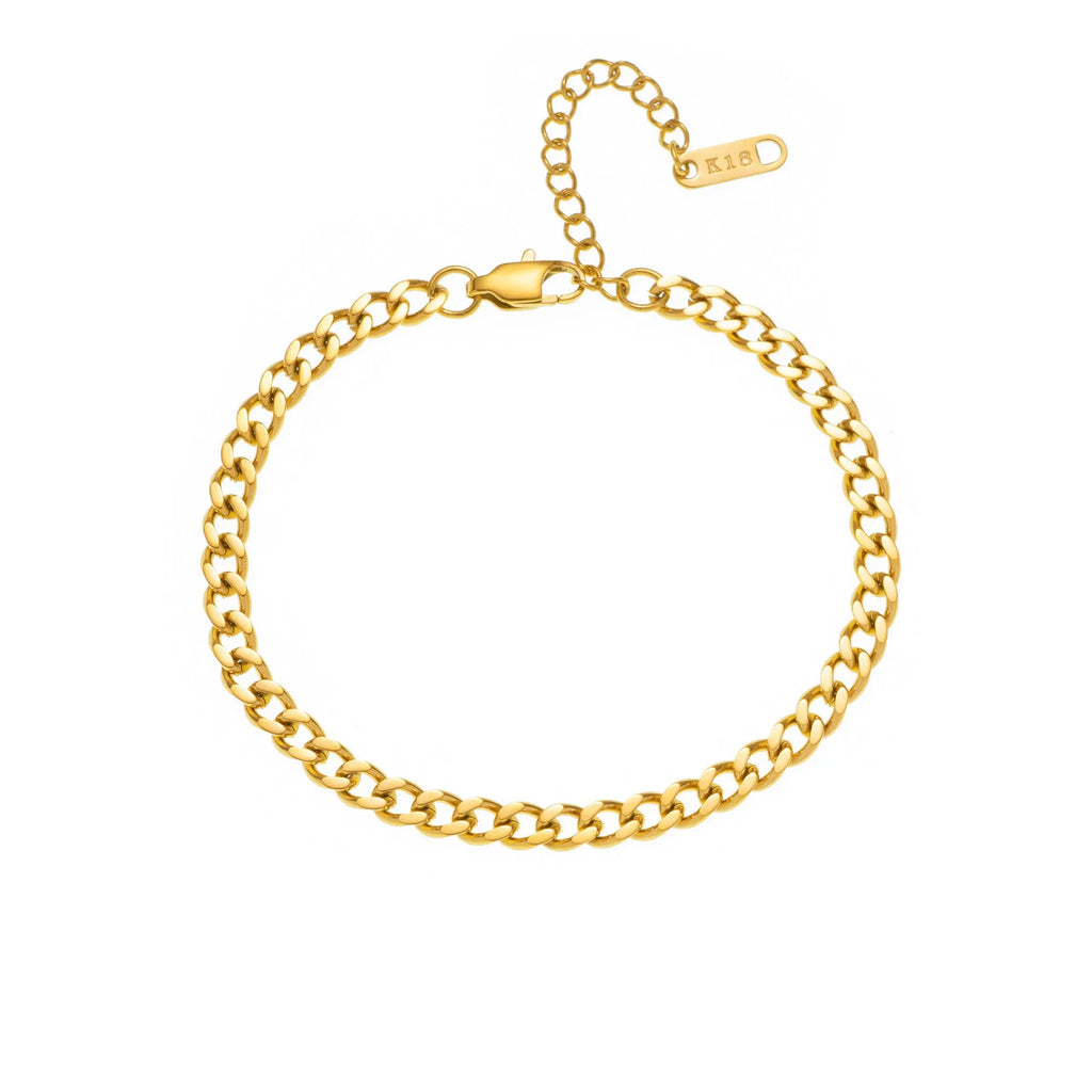 Gold electroplated titanium steel necklace with a single letter A pendant on a 40.5cm blade chain.