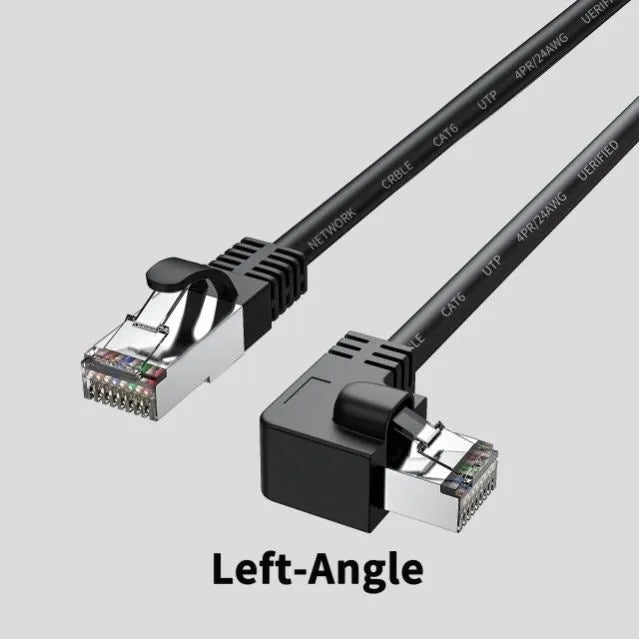 Black Cat6 Ethernet cable with right-angle metal RJ45 connector showing different orientation options