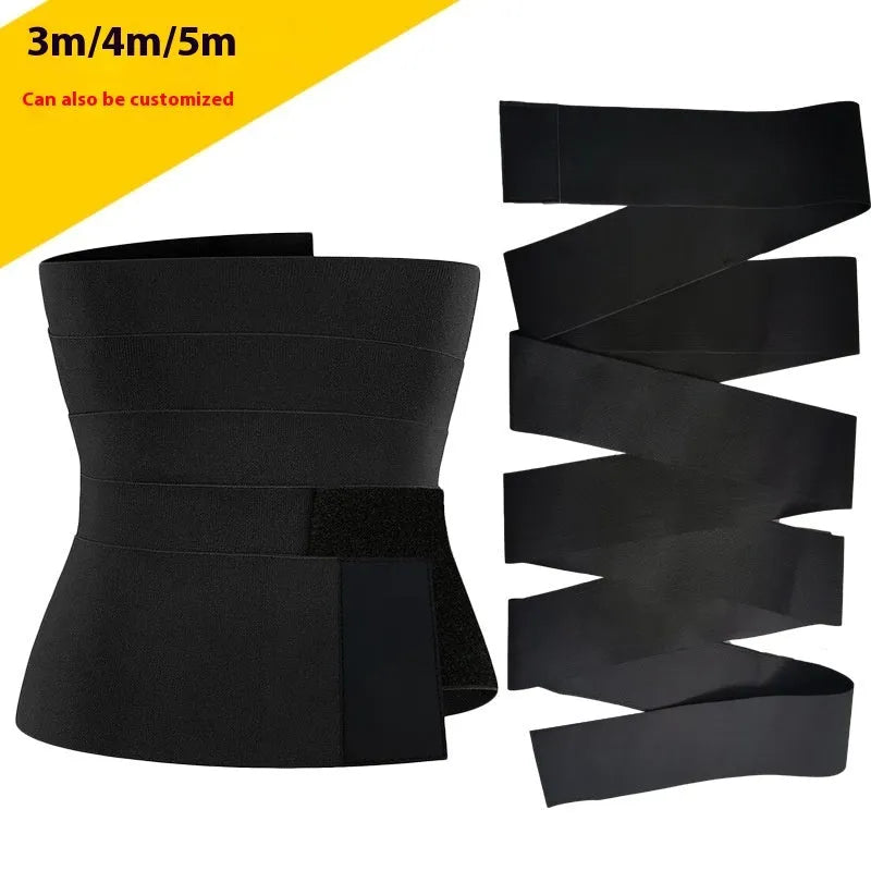Women's black waist trainer exercise restraint belt showing its 10cm width and long length.