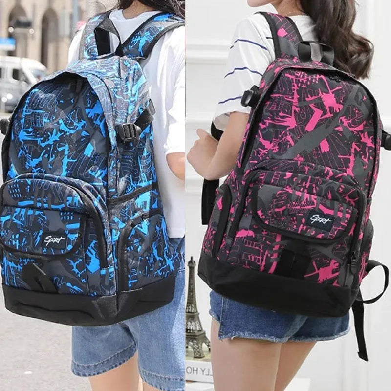 Classic blue nylon backpack with large main compartment shown on a plain background.