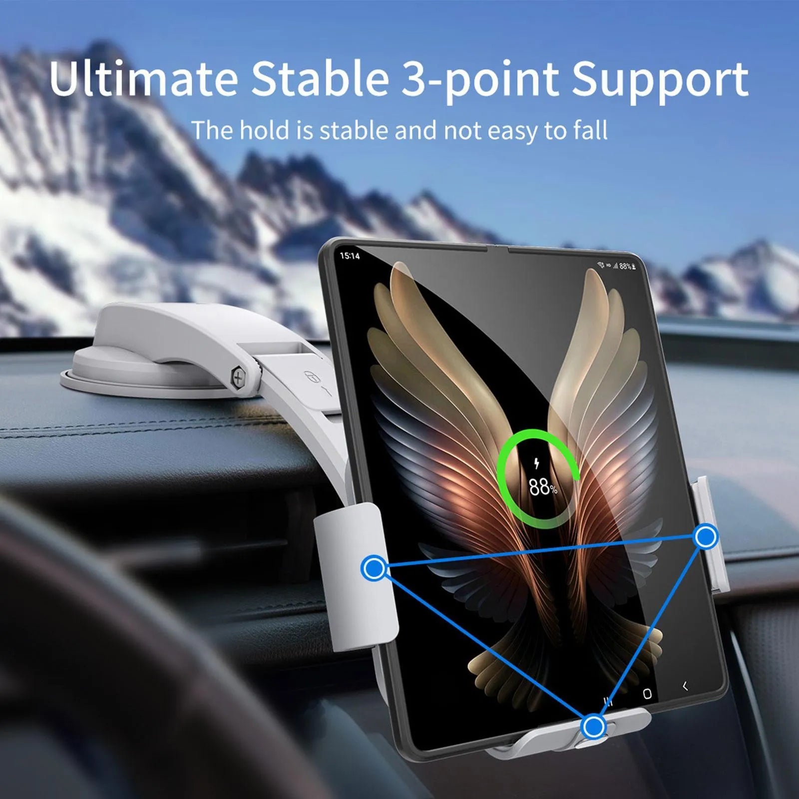 Grey wireless charging car phone holder with folding screen, showing air vent clip, suction cup, and disc mounts.