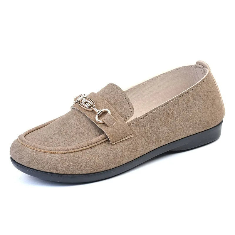 Gommino women's black slip-on casual loafers with round toe and flat rubber sole