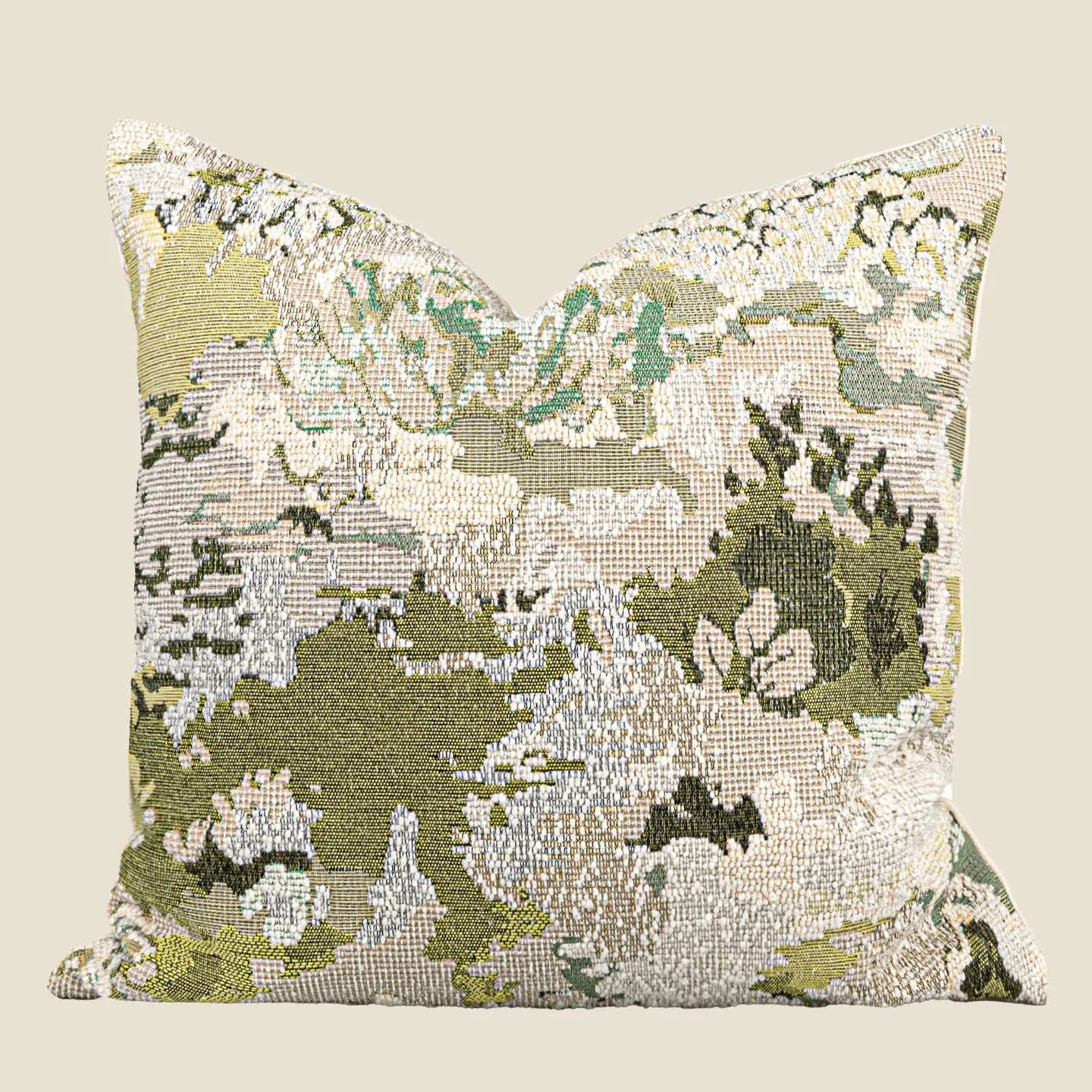 Antique green wool blend floral pillow in square and rectangular waist sizes.