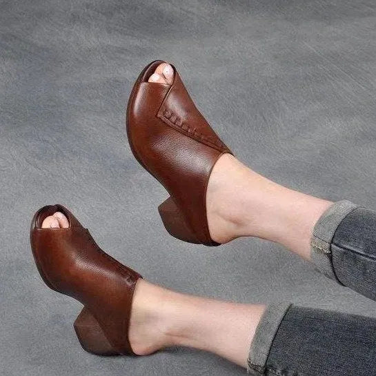 Women's black square heel peep toe slippers with fish mouth scaffold design