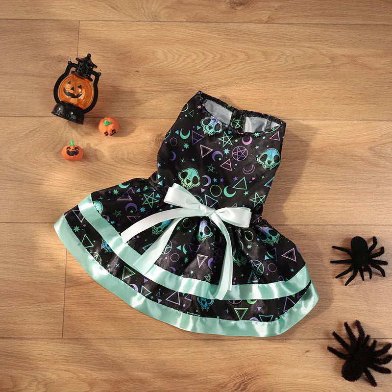 Halloween dog skirt with colourful pumpkin or skull print, double-layer design, size options S M L XL.