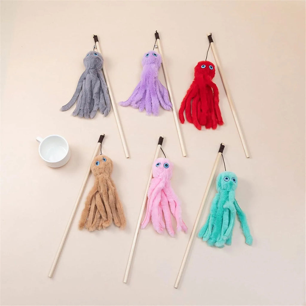 Octopus cat toy with long stick in grey, pink, purple or red colours for indoor kittens