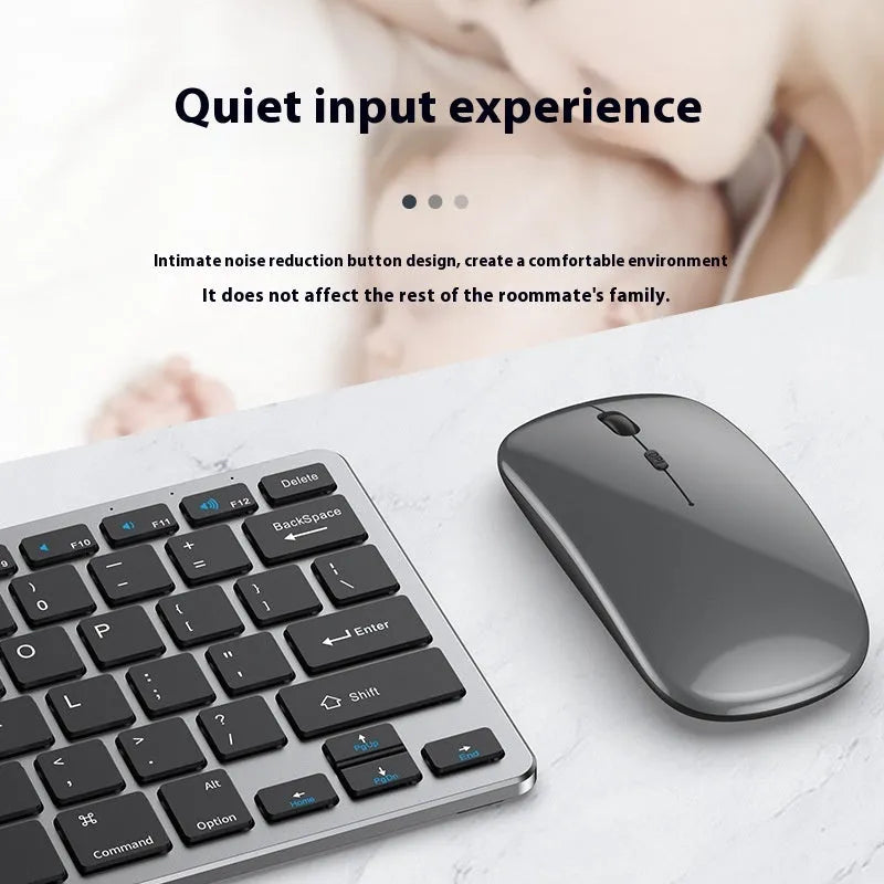 Rechargeable black ultra-thin wireless keyboard and mouse set with USB receiver and protective cover on a desk.