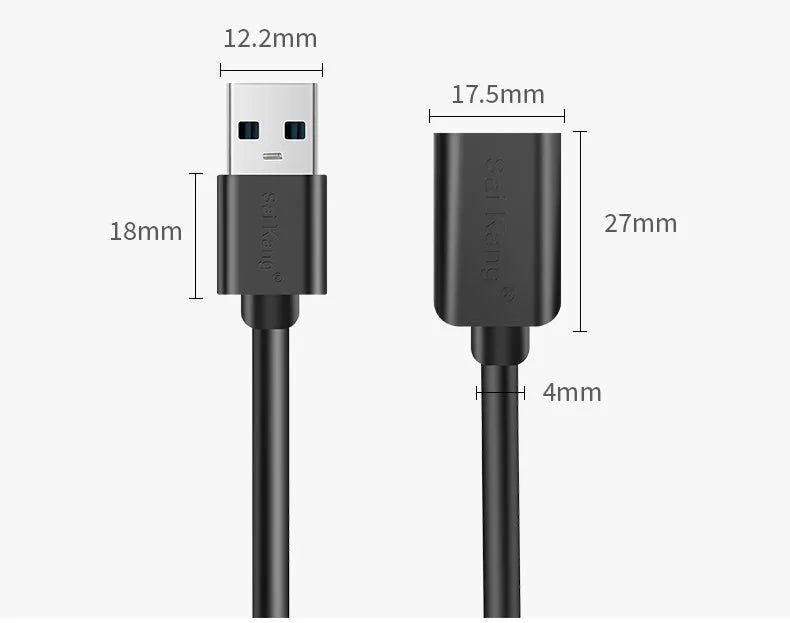 Black USB-A male to female extension cable showing connector details and available in multiple lengths.