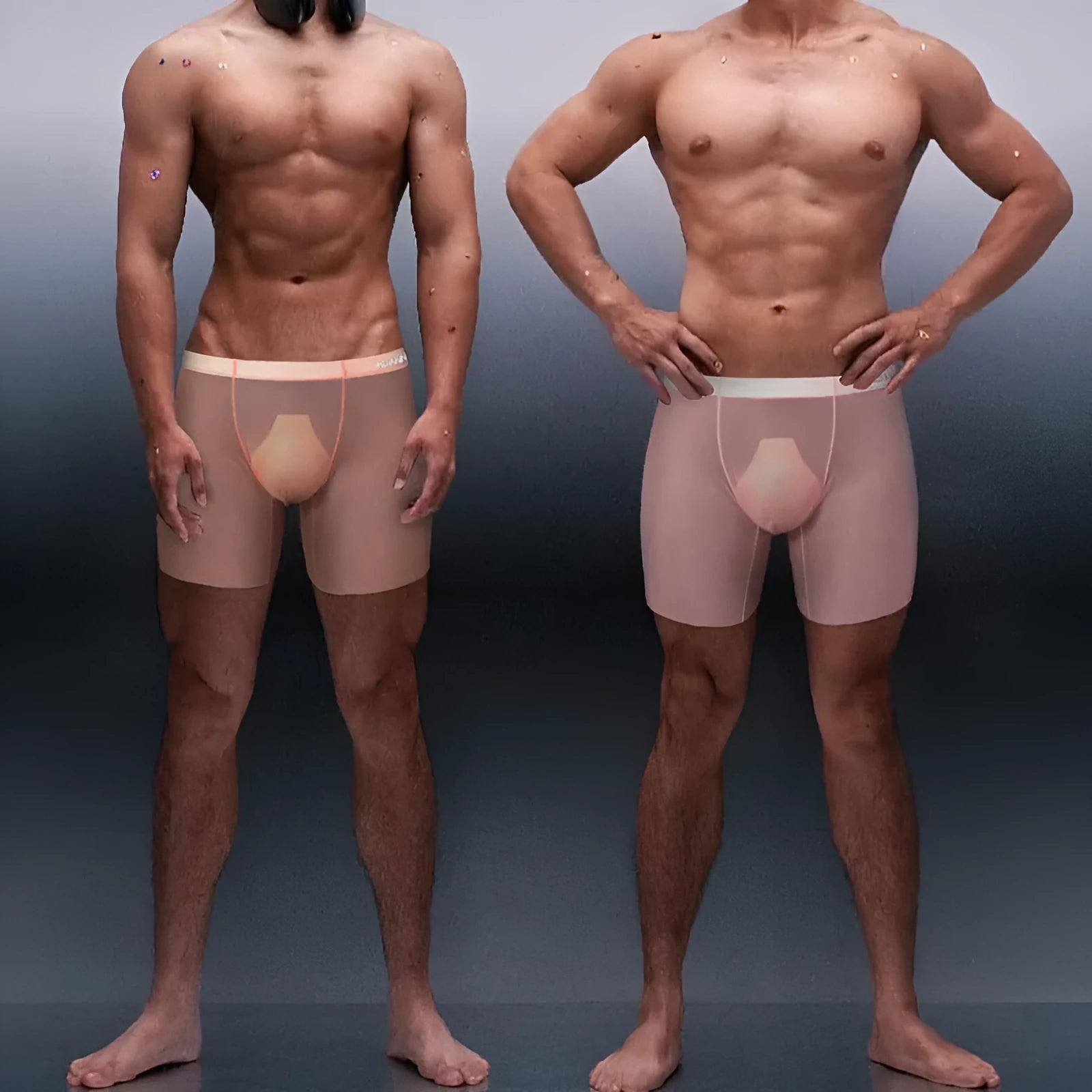 Orange men's seamless nylon boxer shorts with low waist and body-shaping fit on a white background.