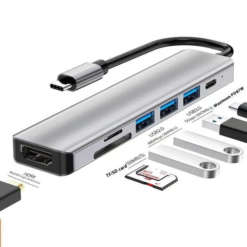 Type-C 7-in-1 expansion dock with HDMI port and USB 3.0 hub on a 15 cm cable.