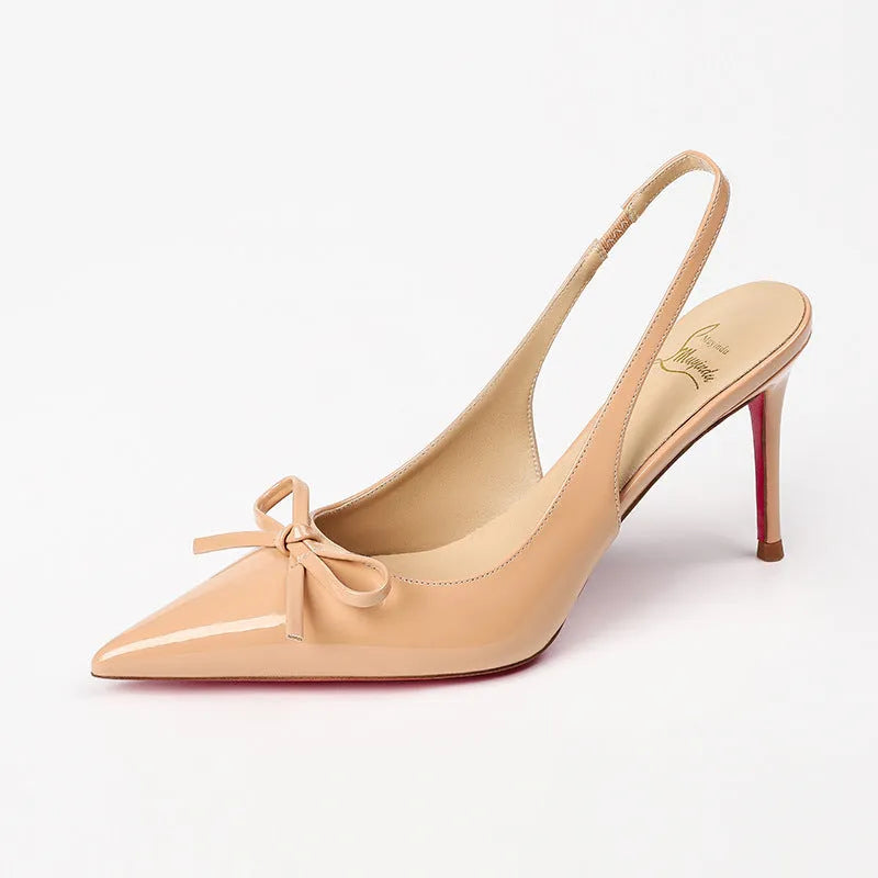Women's wine red patent leather pointed-toe high heels with 8cm heel on a rubber sole.