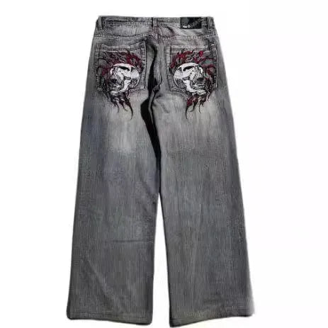 Men's grey washed-out wide-leg jeans with a retro workwear design and straight-leg silhouette.