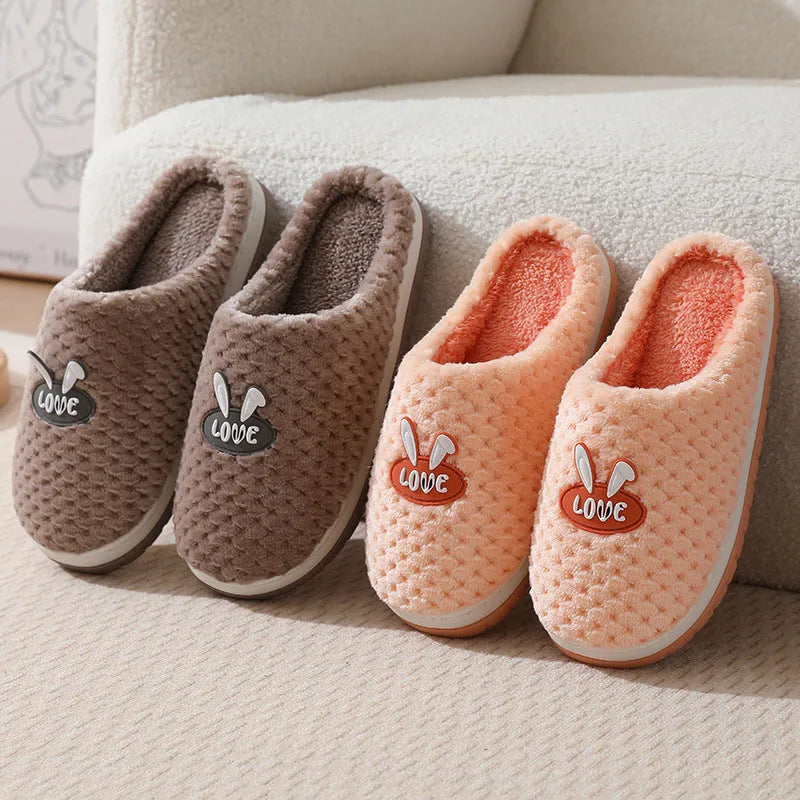 Women's rabbit plaid design plush house slippers with artificial fur upper and rubber non-slip soles