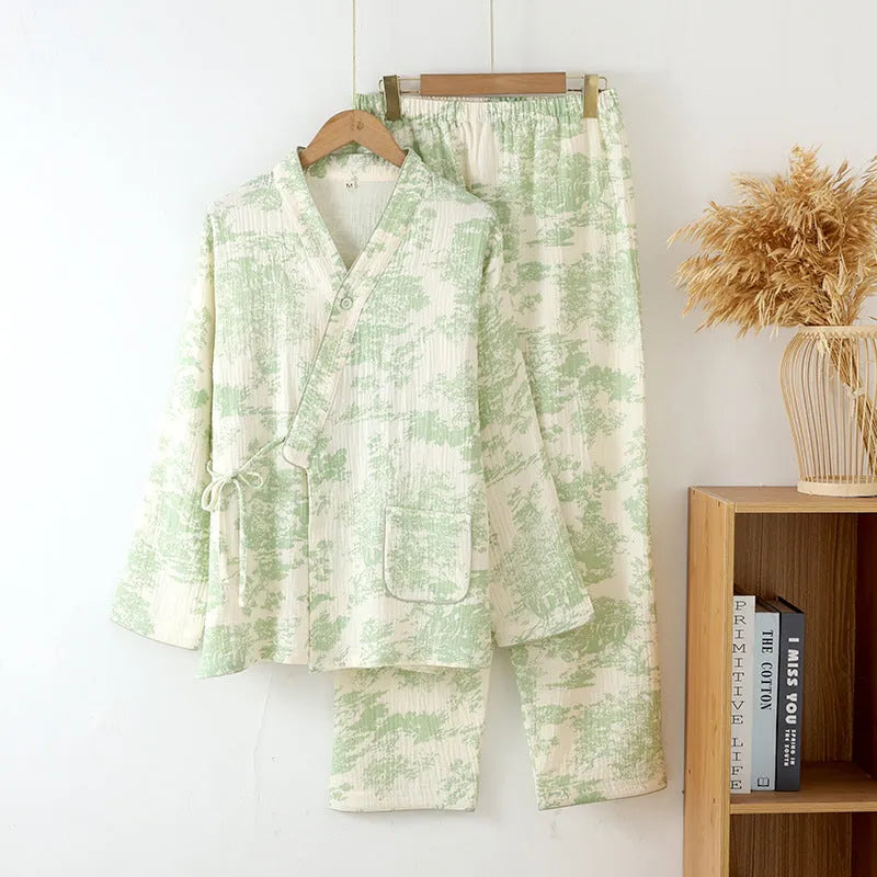 Women's pure cotton gauze lounge suit set in frosted pine trees colour with lace-up detailing