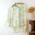 Women's pure cotton gauze lounge suit set in frosted pine trees colour with lace-up detailing