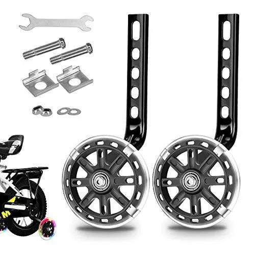 Children's bicycle training wheels kit with universal bracket, shown in assorted colours.