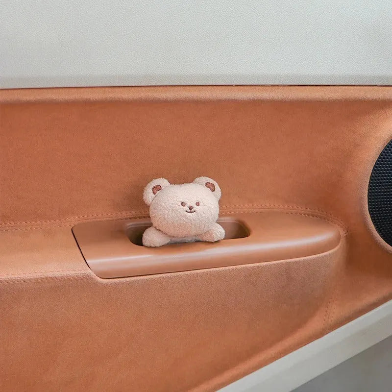 Soft fabric plush doll car decoration in cute bear and bunny cartoon designs.
