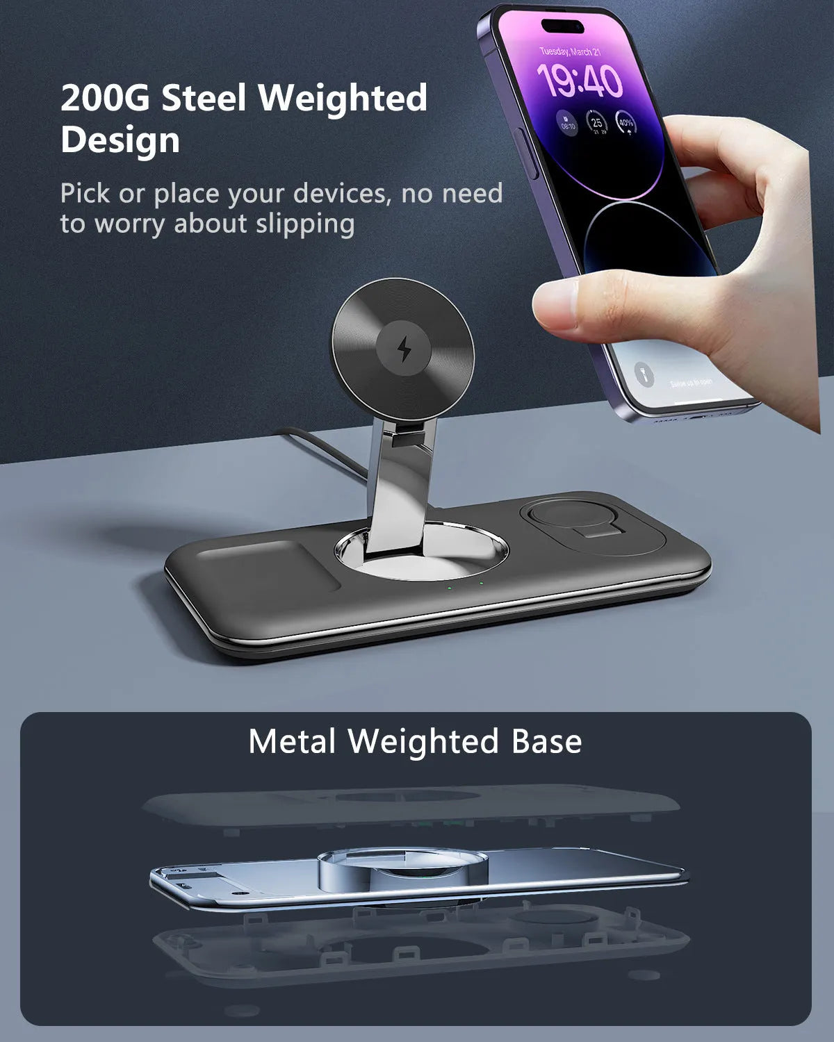 Folding magnetic wireless charger desktop bracket in white or black, 3-in-1, Type-C input, V18 universal