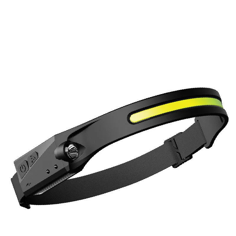 Black silicone USB rechargeable headlamp with side wave sensor and dual LED lights for wide and long-distance illumination.