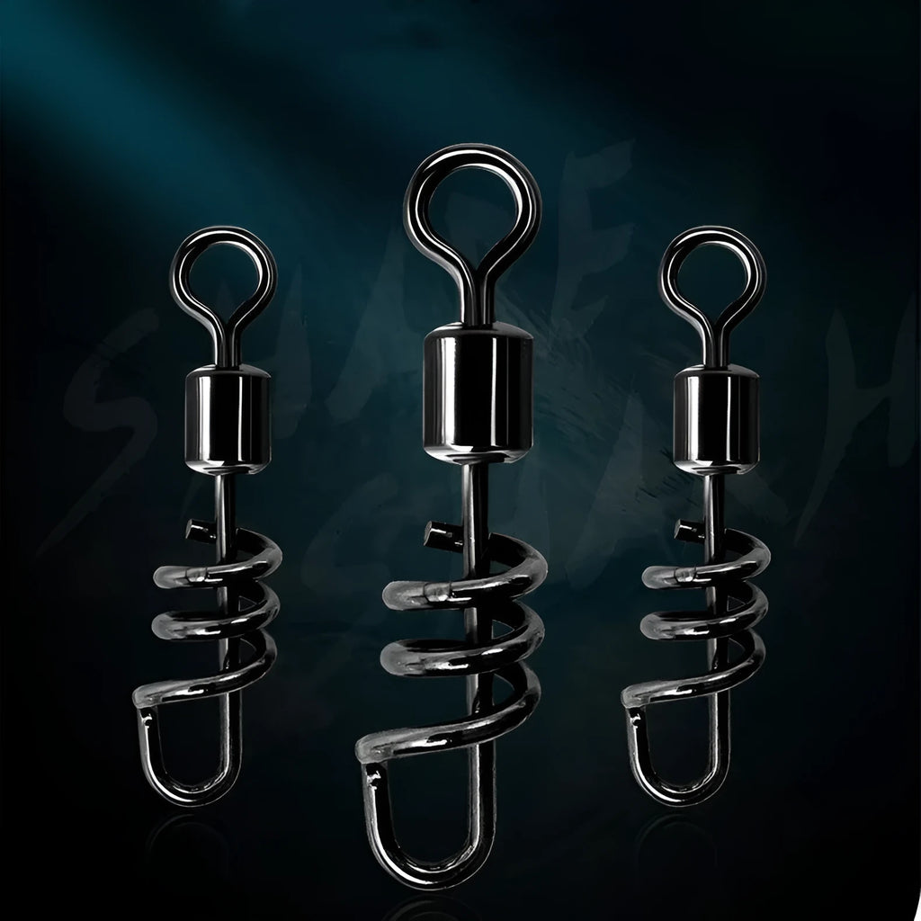 Stainless steel 8-shaped fishing swivel connector with brass snap clasp.