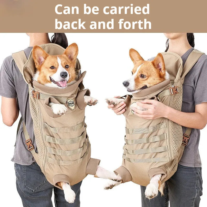 Khaki polyester pet backpack for medium dogs with breathable design