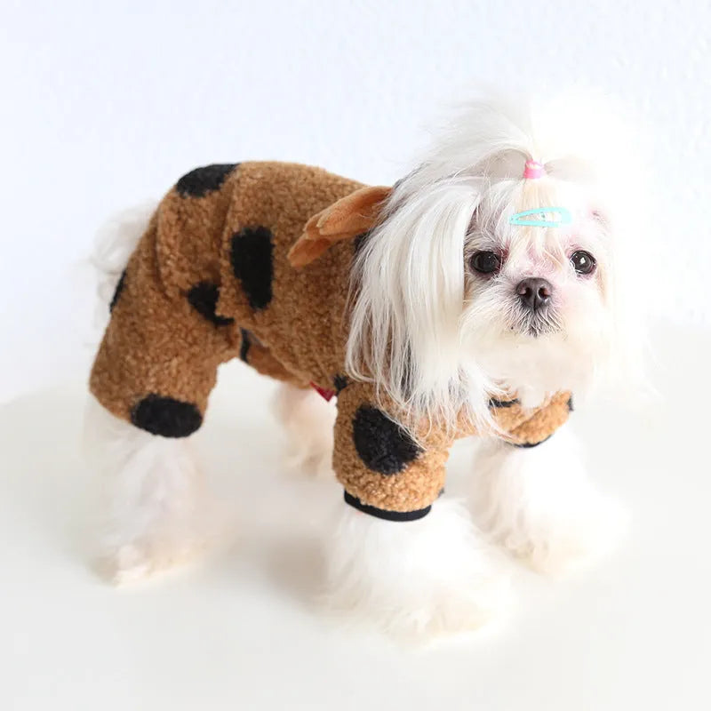 Polka dot pet dog clothes with elk couple design in skirt and four-leg styles on a mannequin.