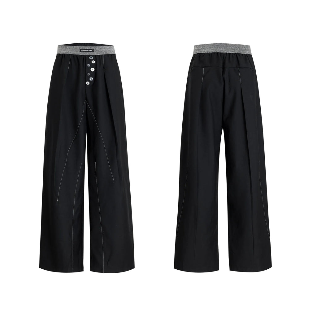 A pair of high-waisted straight-leg casual trousers in grey with a button fly front.