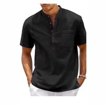 Men's solid colour bird eye cloth polo shirt with stand collar and short sleeves.