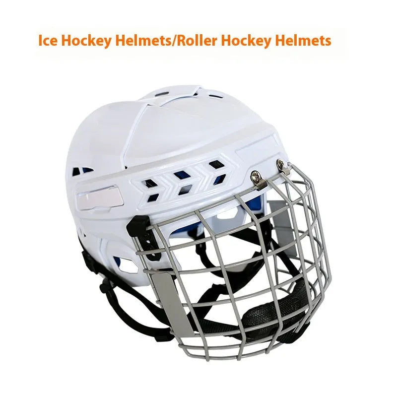Ice hockey helmet with carbon steel face mask showing impact resistant PP shell and cushioned EVA lining.
